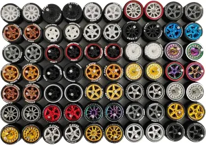 10-Pack 1:64 Rubber Wheels with Logo – Random Custom Rims and Tires Set for 1/64 Diecast Cars – Includes Axles – Realistic Upgrade for Miniature Scale Vehicles