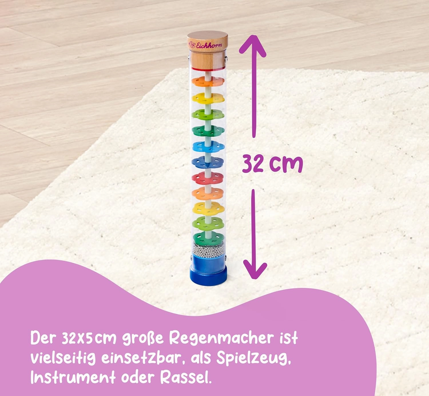 100003446 Rainmaker Made of Solid Wood, Plastic Tube with Metal Balls, 32 x 5 cm