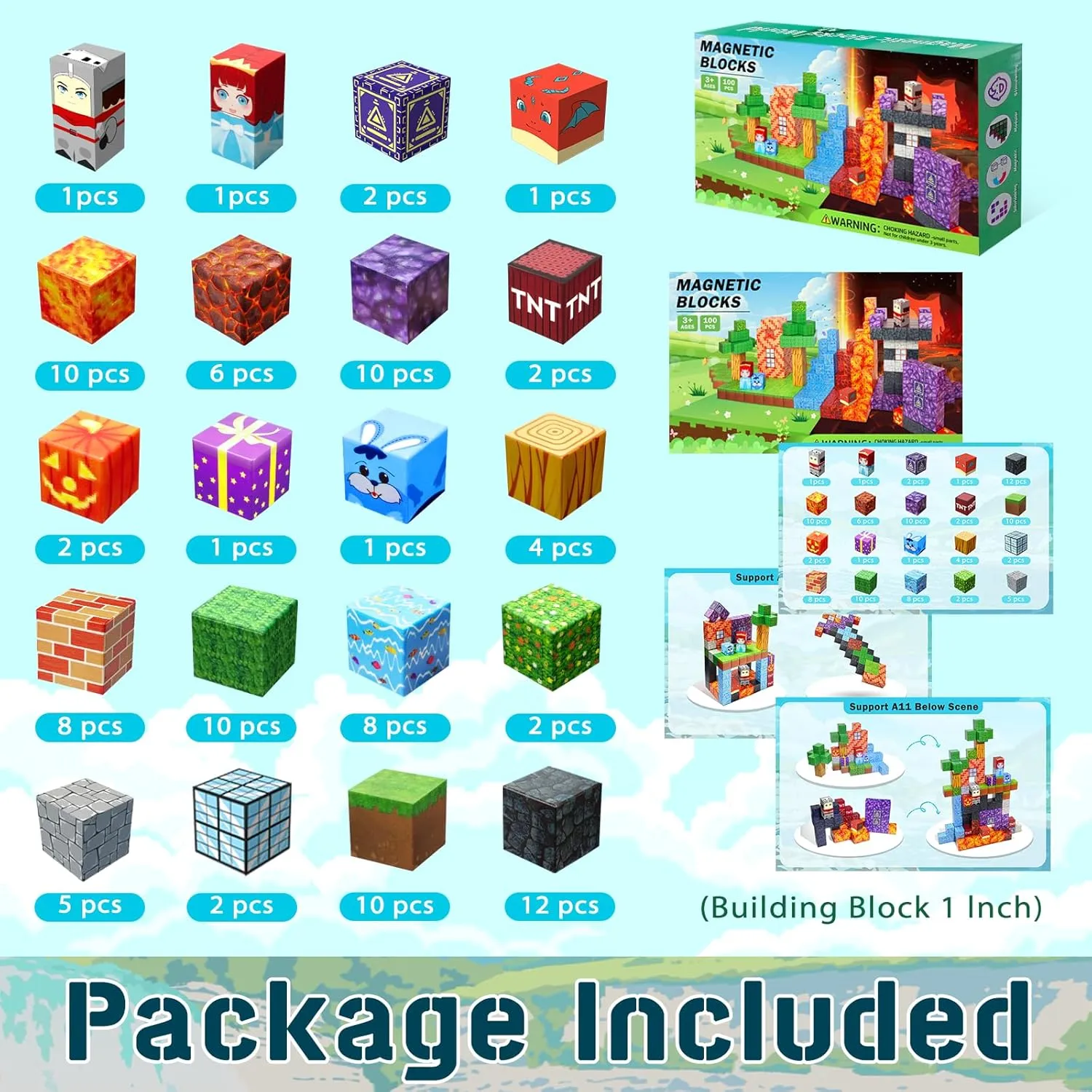 100PCS Magnetic Blocks-1inch -Adventure at Lava World Blocks Set - Magnetic Cubes Building Blocks Toys for Halloween Christmas Birthday Gift - STEM Sensory Toys for 3  Years Old Girl Boys