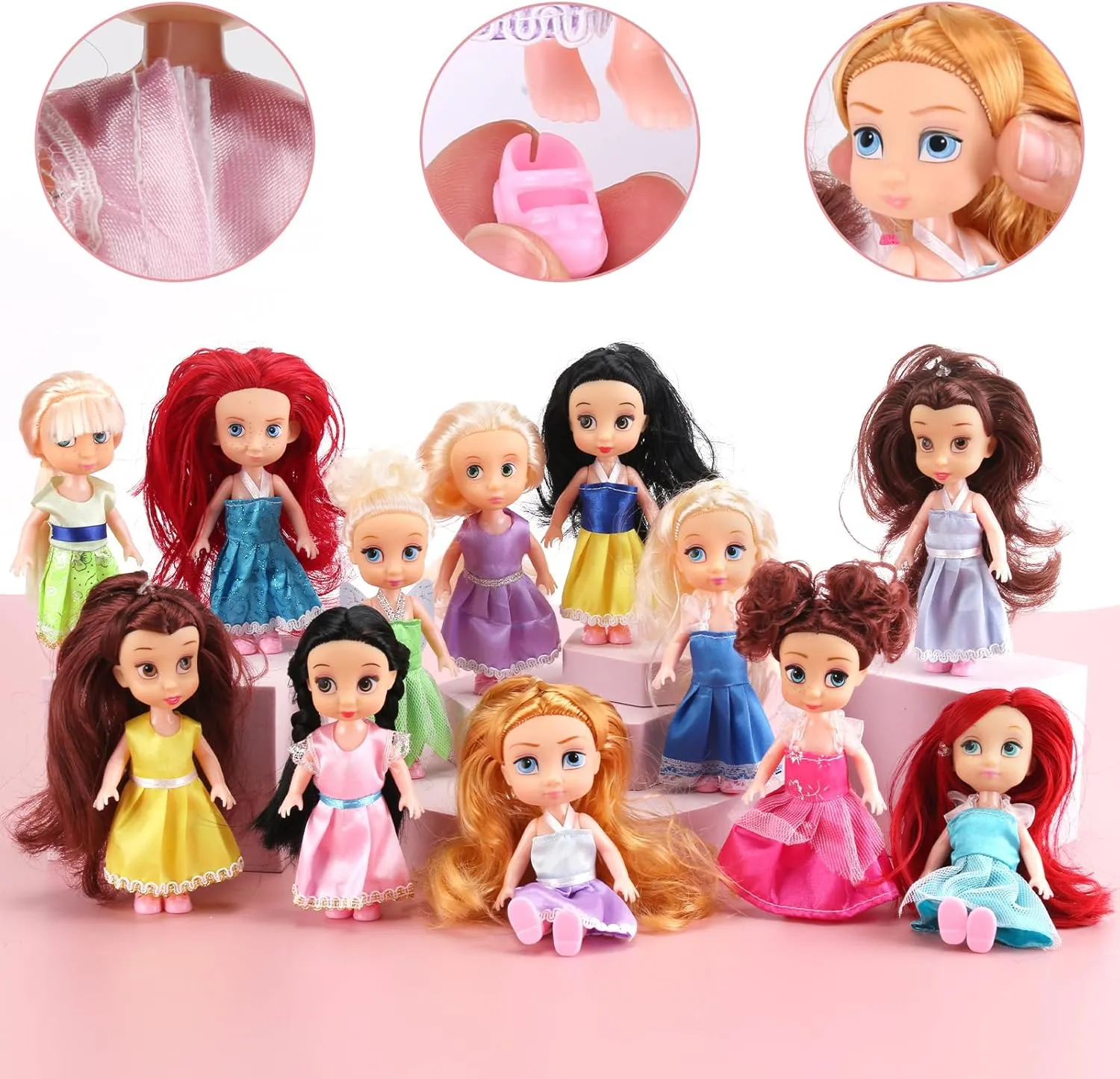 12 Pack Little Royal Princess Dolls - 5" Mini Pocket Size Toddler Toys Fantasy Pretend Play Set with Dress, Accessories for Kids, Girls Dollhouse, Party Favors