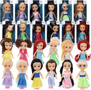 12 Pack Little Royal Princess Dolls - 5" Mini Pocket Size Toddler Toys Fantasy Pretend Play Set with Dress, Accessories for Kids, Girls Dollhouse, Party Favors