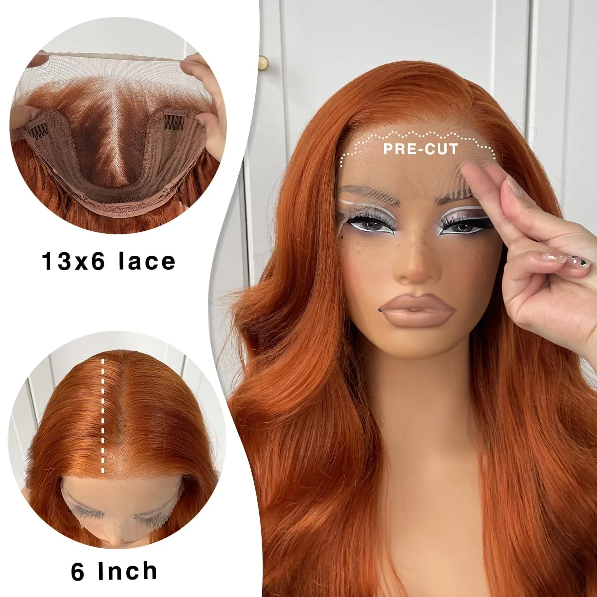 13x6 Glueless Ginger Wig Orange Synthetic HD Lace Front Wig Pre-Plucked Ginger Body Wave Wear And Go Lace Front Wig For Women