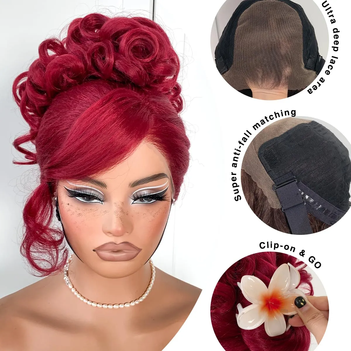 13x6 Glueless Red HD Lace Front Wig Pre-Cut Synthetic Lace Front Wig Pre-Plucked Wear And Go Yaki Crazy Body Wave Wig 99j Burgundy