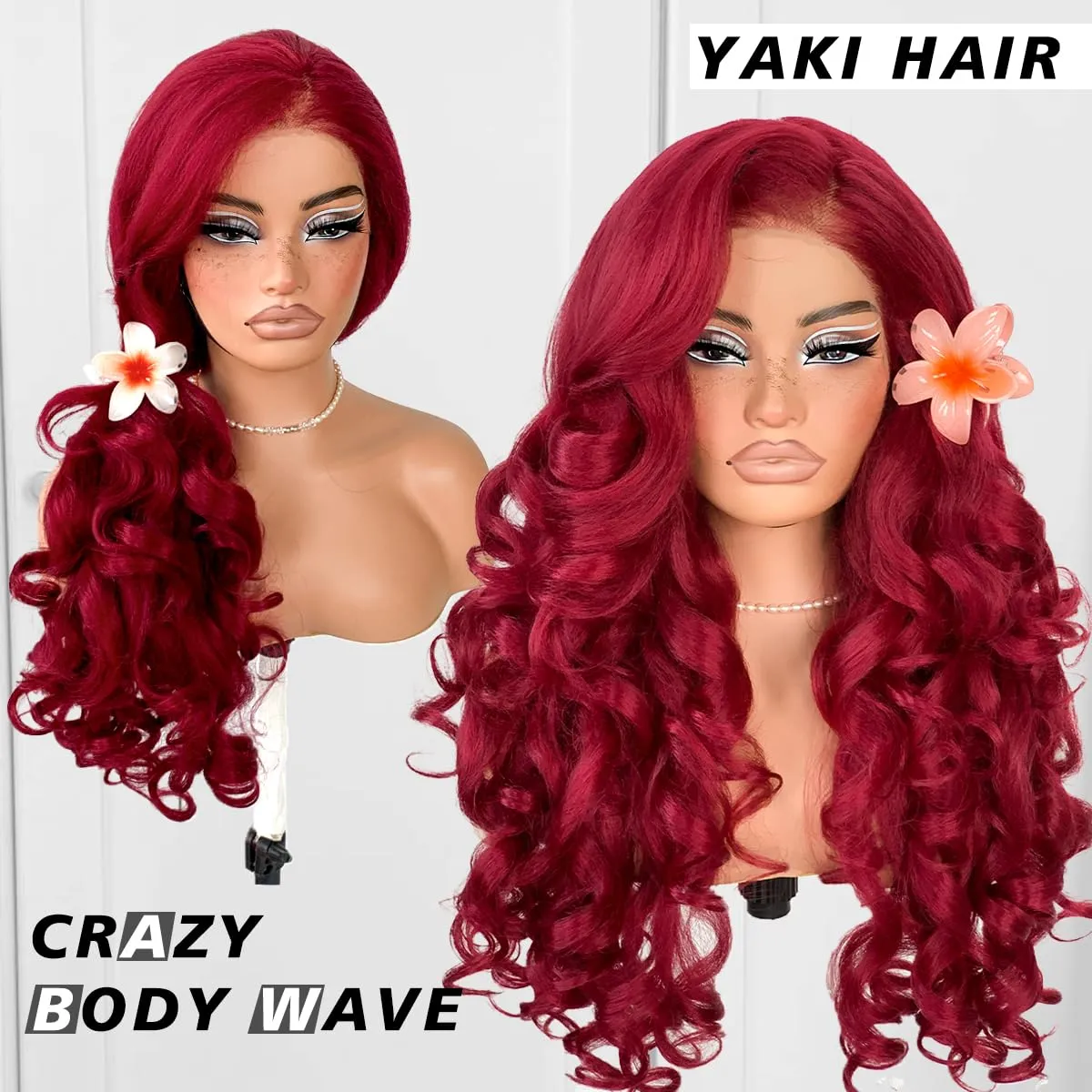 13x6 Glueless Red HD Lace Front Wig Pre-Cut Synthetic Lace Front Wig Pre-Plucked Wear And Go Yaki Crazy Body Wave Wig 99j Burgundy