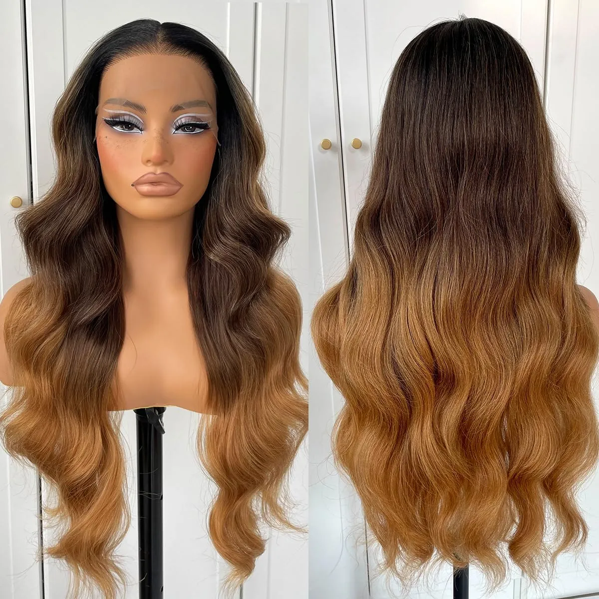 13x6 Ombre HD Lace Front Wig pre plucked Glueless Wear And Go Synthetic Body Wave Lace Front Wigs Highlight Lace Front Wig