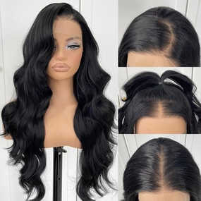 13x6 glueless Lace front wig pre plucked Synthetic Long body wave HD lace front wig Black Wavy Wig with natural hair line
