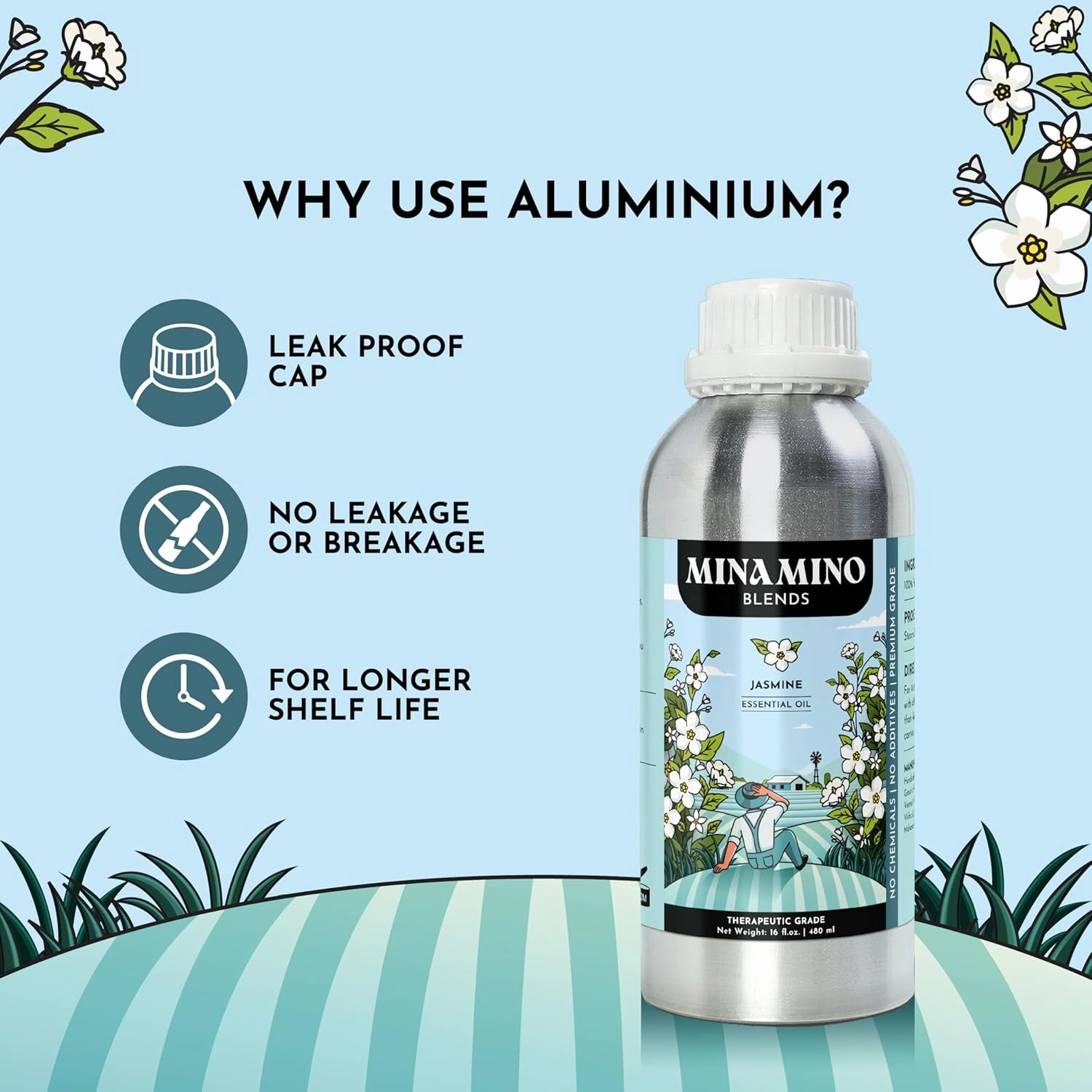 16 fl oz - Jasmine Essential Oil (100% Pure & Natural) Large Aluminum Bottle for Aromatherapy, Diffuser, Candle & Soap Making - Minamino Blends