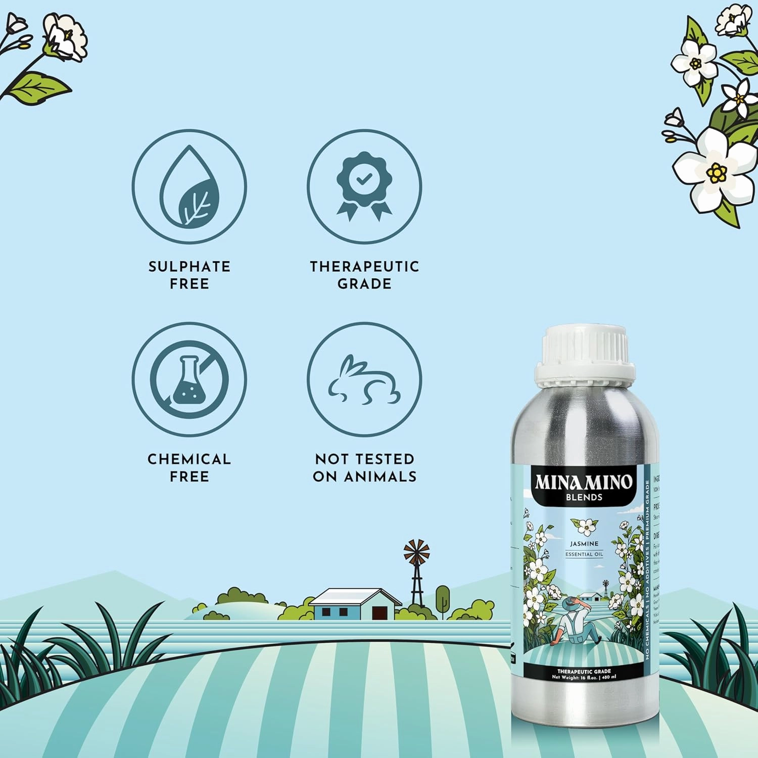 16 fl oz - Jasmine Essential Oil (100% Pure & Natural) Large Aluminum Bottle for Aromatherapy, Diffuser, Candle & Soap Making - Minamino Blends