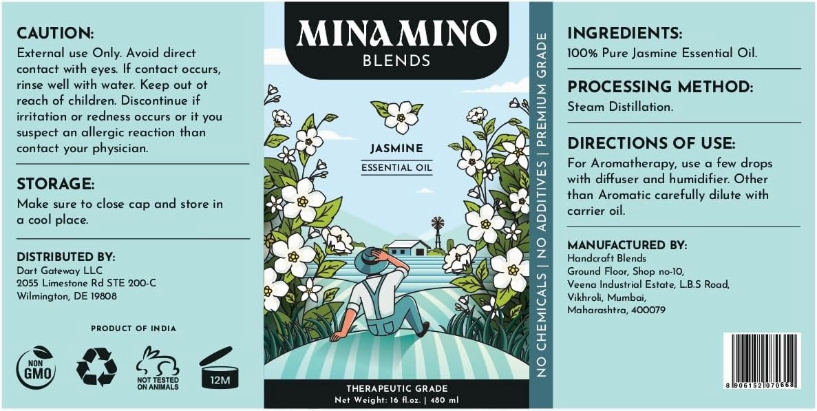 16 fl oz - Jasmine Essential Oil (100% Pure & Natural) Large Aluminum Bottle for Aromatherapy, Diffuser, Candle & Soap Making - Minamino Blends