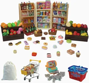 180Pcs Mini Shopping Cart Playset - Pretend Grocery Dollhouse Accessories Toys with Miniature Cash Register, 2 Fruit-Veggie Stands, 3 Shelves, 100  Play Food - Educational Role Play Toys for Toddlers