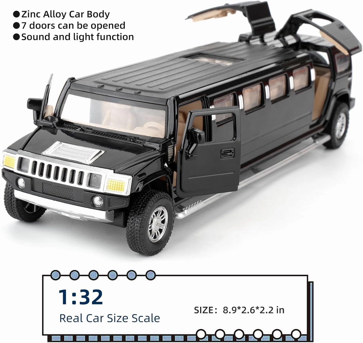 1/32 Hummer H2 Car Model, Diecast Car Toy with Sound and Light, Alloy Stretch Limousine Pull Back Toy Vehicle for Adult Kids Boys Girls (Black)