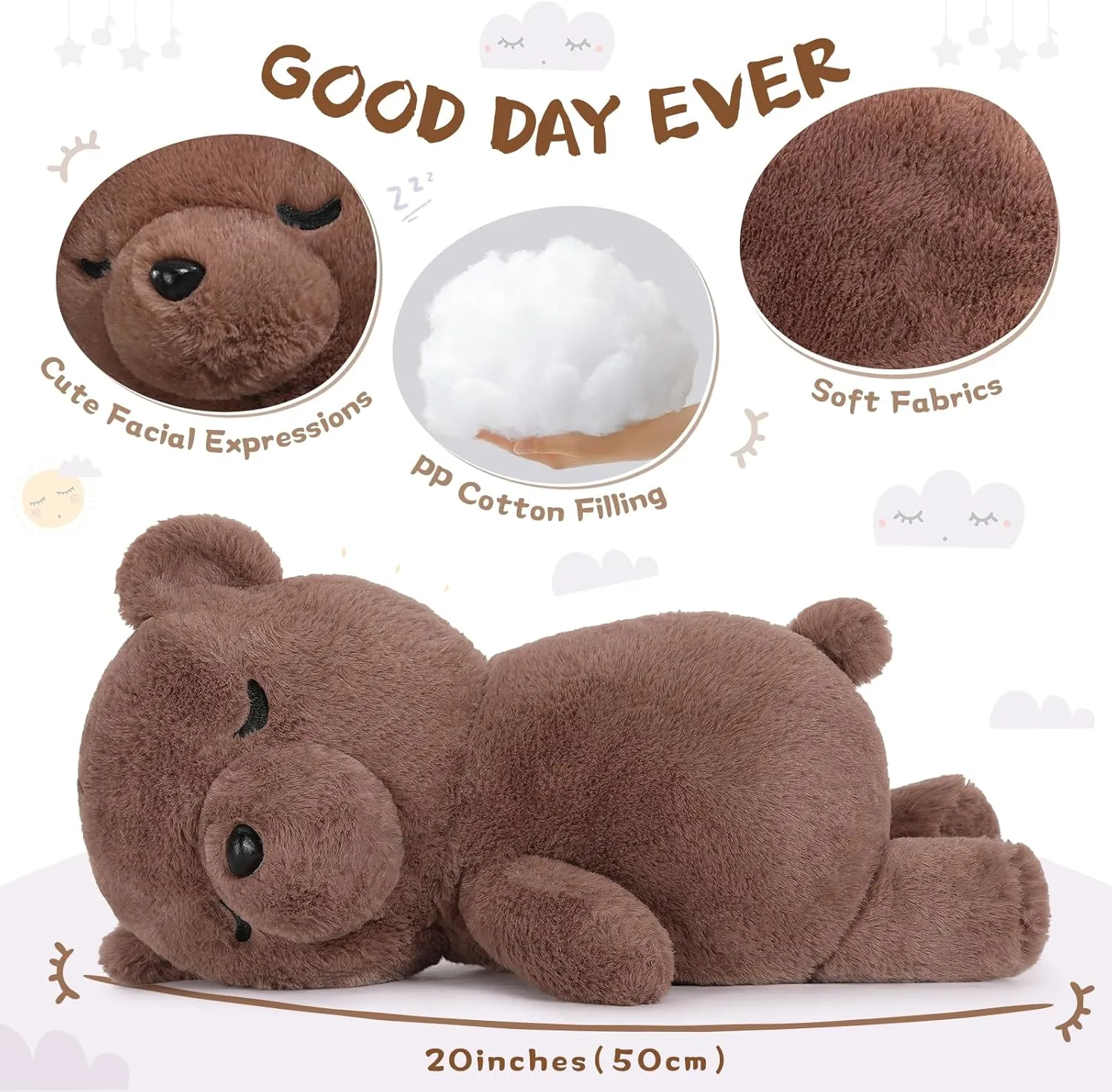 20 inch Big Teddy Bear Stuffed Animals Sleeping Plush Toy, Cute Stuffed Koala Bear Toy Soft Brown Bear Plush Pillow for Kids