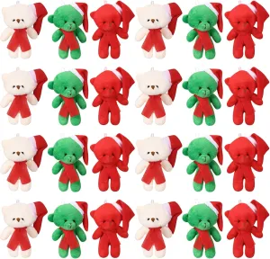 24 Pcs Christmas Small Stuffed Bear 4.5 Inch Mini Plush Bear Stuffed Animal Keychains with Hat and Scarf for Christmas Tree Hanging Decorations Stocking Stuffers Birthday Party Favors