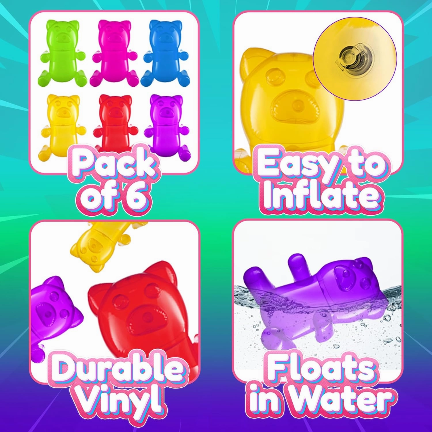24" Inflatable Gummy Bears (Pack of 6) Huge Blow Up Pool Toys, Fun Photo Booth Props and Big Gummy Bear Decorations for Kids Birthday Parties and Themed Candy Land Party Decor Supplies