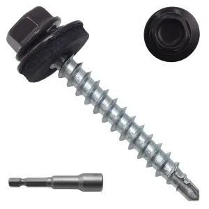 250pcs #10 x 1-1/2" Brown Hex Head Self-Drilling Metal Roofing Screws, EPDM Washer, Colored Head, Sheet Metal Roof Screw with Hex Driver Bit