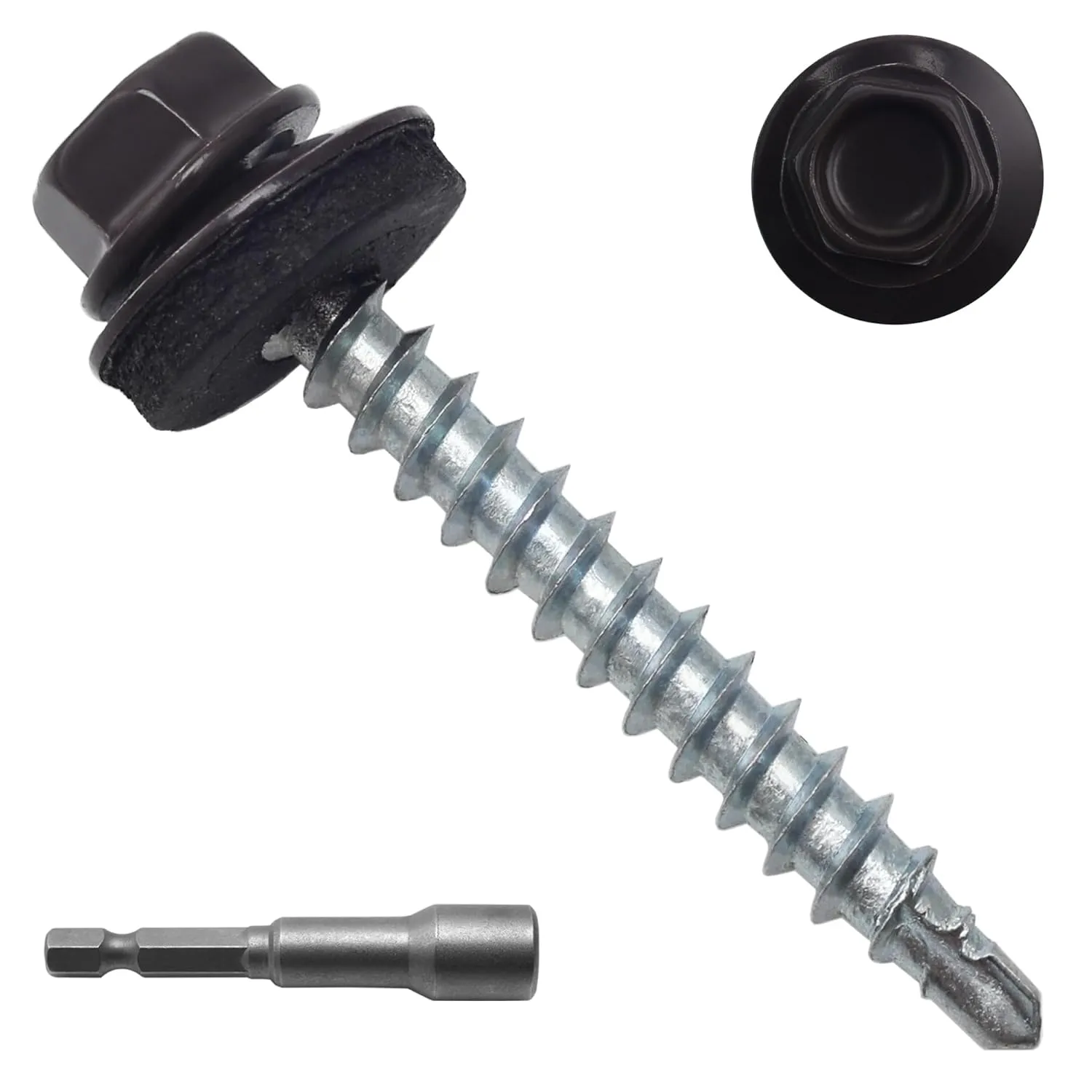 250pcs #10 x 1-1/2" Brown Hex Head Self-Drilling Metal Roofing Screws, EPDM Washer, Colored Head, Sheet Metal Roof Screw with Hex Driver Bit
