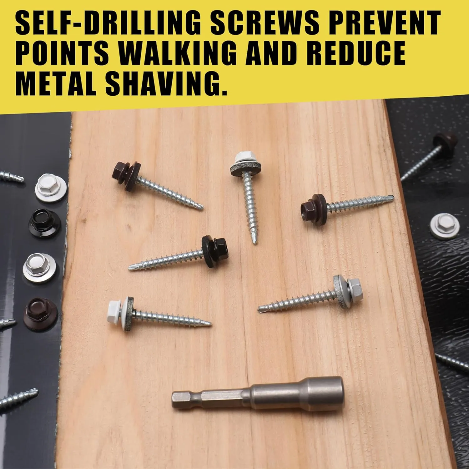 250pcs #10 x 1-1/2" Brown Hex Head Self-Drilling Metal Roofing Screws, EPDM Washer, Colored Head, Sheet Metal Roof Screw with Hex Driver Bit