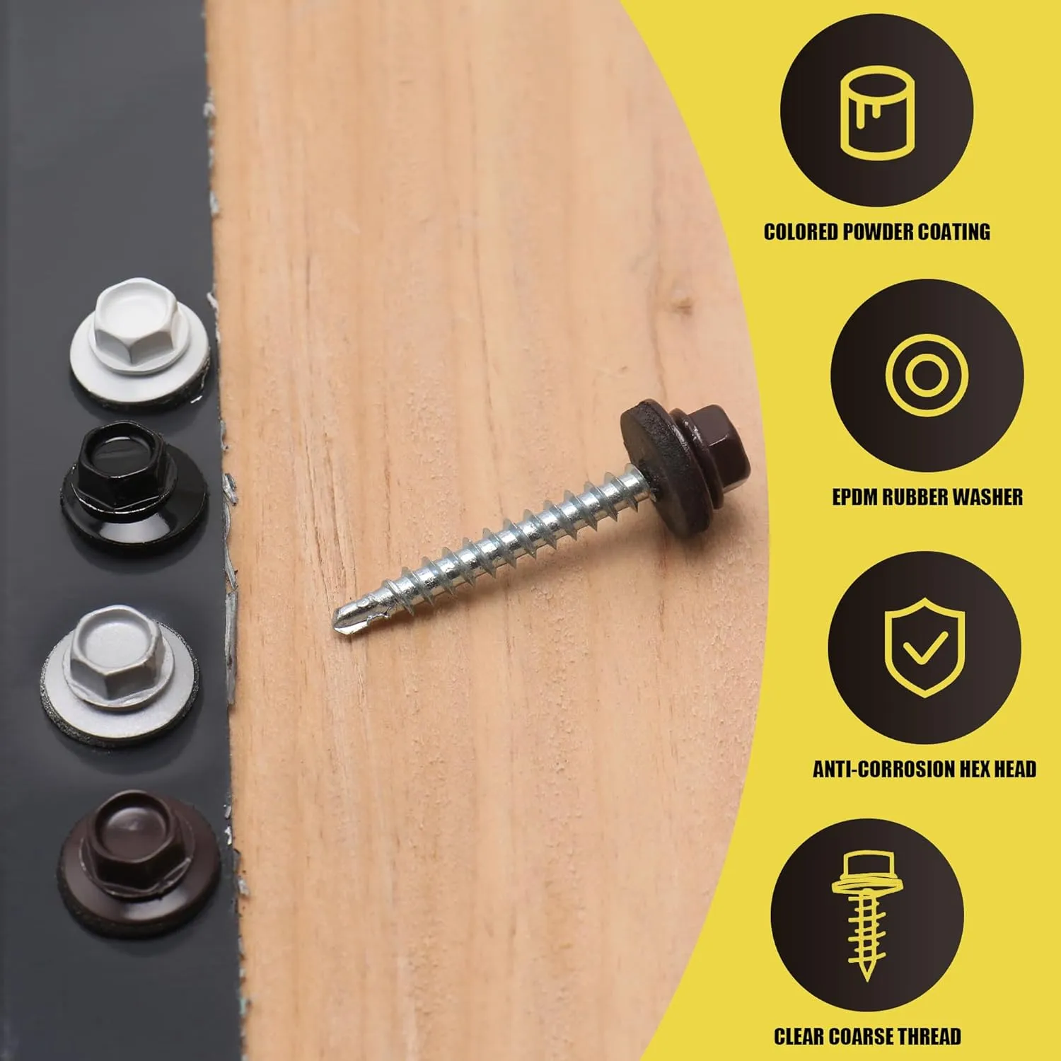 250pcs #10 x 1-1/2" Brown Hex Head Self-Drilling Metal Roofing Screws, EPDM Washer, Colored Head, Sheet Metal Roof Screw with Hex Driver Bit