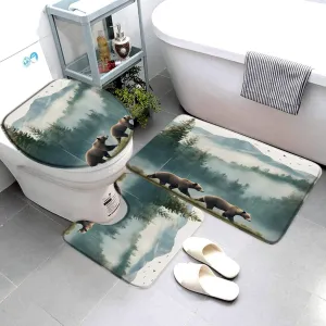 3 Pieces Set Rustic Bear Bath Mat Misty Forest Mountains Tree Foggy Wild Aniaml Wildlife Farmhouse Cabin Jungle Natural Hunting Lodge Bathroom Rugs Toilet Lid Cover Pedestal Rug U-Shaped