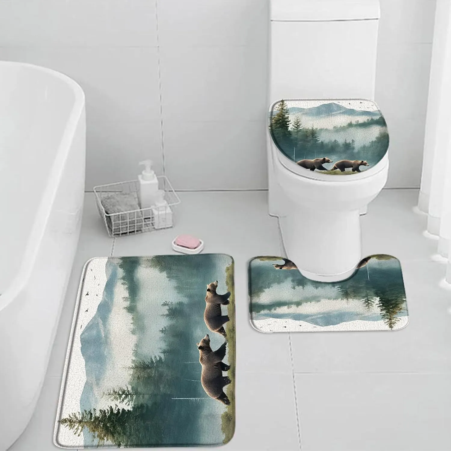 3 Pieces Set Rustic Bear Bath Mat Misty Forest Mountains Tree Foggy Wild Aniaml Wildlife Farmhouse Cabin Jungle Natural Hunting Lodge Bathroom Rugs Toilet Lid Cover Pedestal Rug U-Shaped