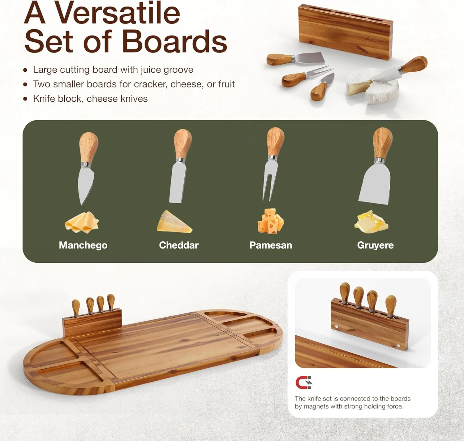30 inch Large Acacia Wood Charcuterie Board with 4 Knives Set, Magnetic - 3 Parts Wooden Round Tray for Cheese - Long Appetizer Board for Serving Food Platter Cracker Snack