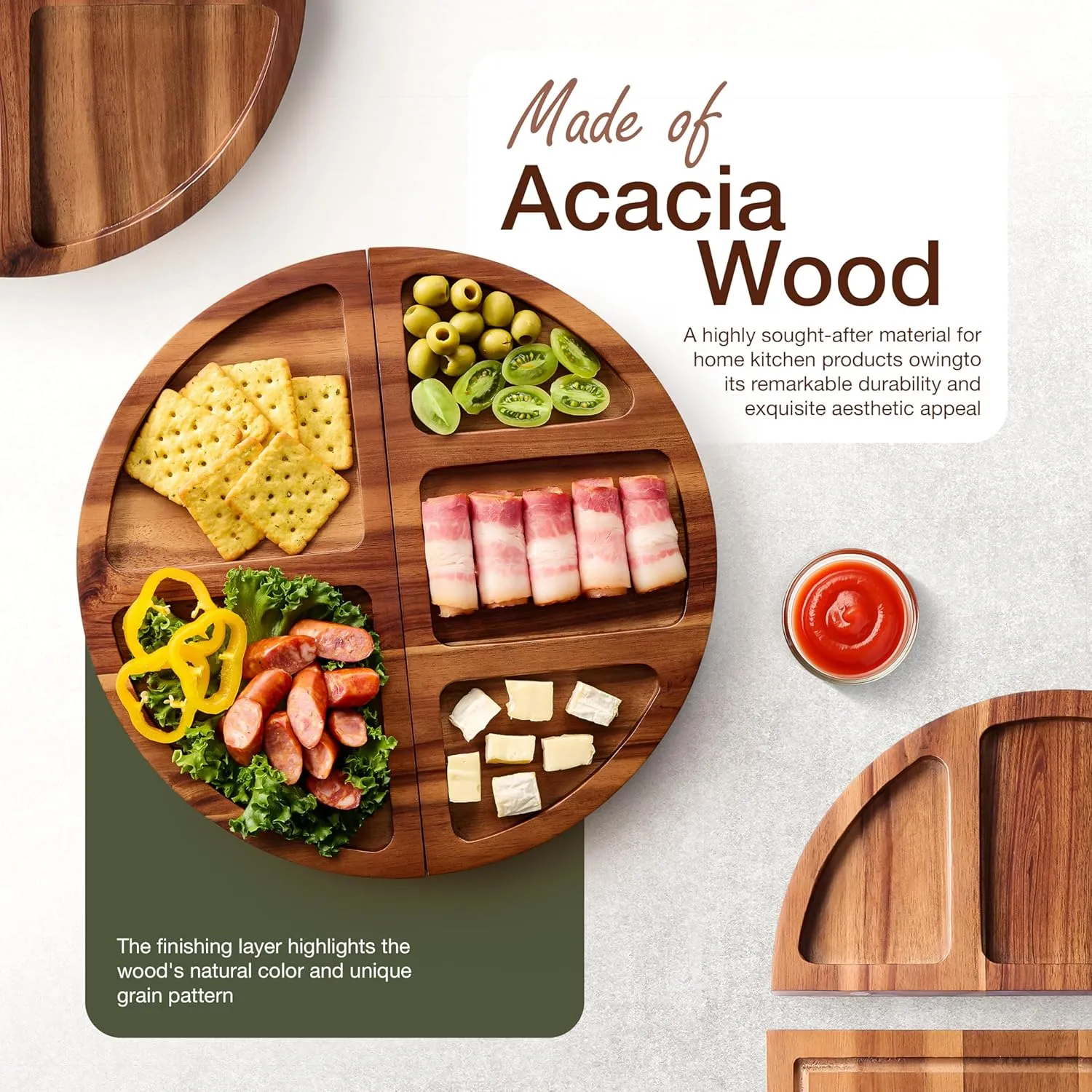 30 inch Large Acacia Wood Charcuterie Board with 4 Knives Set, Magnetic - 3 Parts Wooden Round Tray for Cheese - Long Appetizer Board for Serving Food Platter Cracker Snack