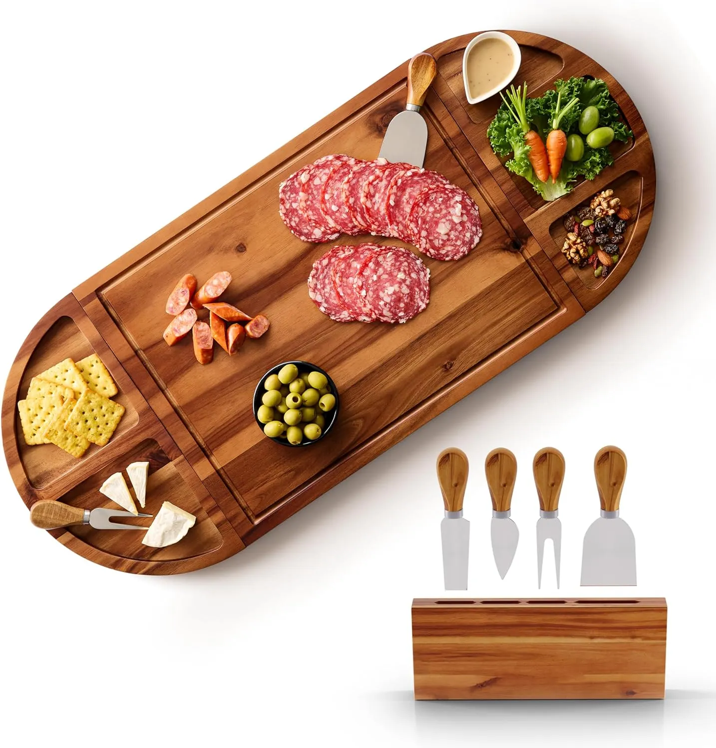 30 inch Large Acacia Wood Charcuterie Board with 4 Knives Set, Magnetic - 3 Parts Wooden Round Tray for Cheese - Long Appetizer Board for Serving Food Platter Cracker Snack