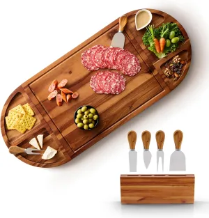 30 inch Large Acacia Wood Charcuterie Board with 4 Knives Set, Magnetic - 3 Parts Wooden Round Tray for Cheese - Long Appetizer Board for Serving Food Platter Cracker Snack
