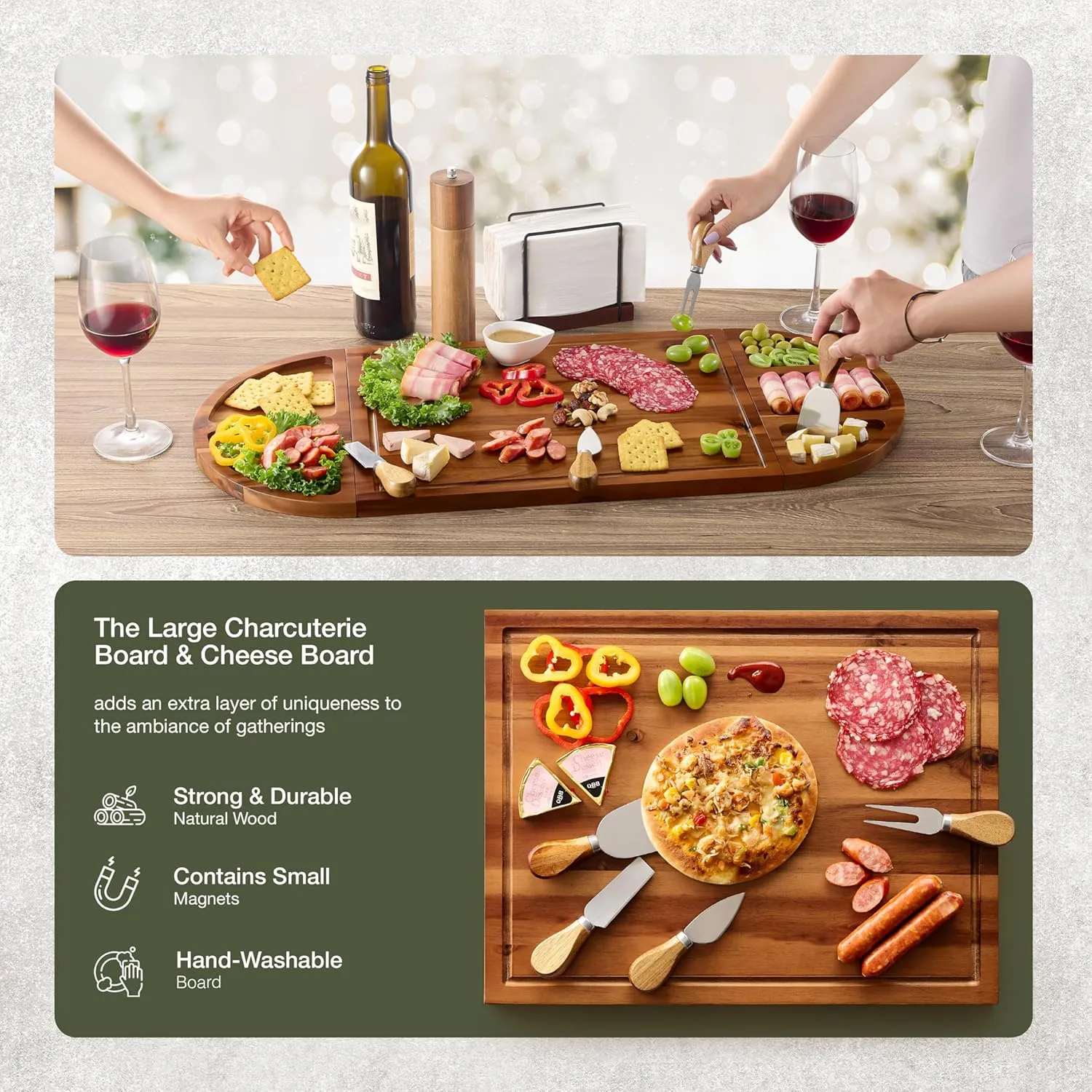 30 inch Large Acacia Wood Charcuterie Board with 4 Knives Set, Magnetic - 3 Parts Wooden Round Tray for Cheese - Long Appetizer Board for Serving Food Platter Cracker Snack