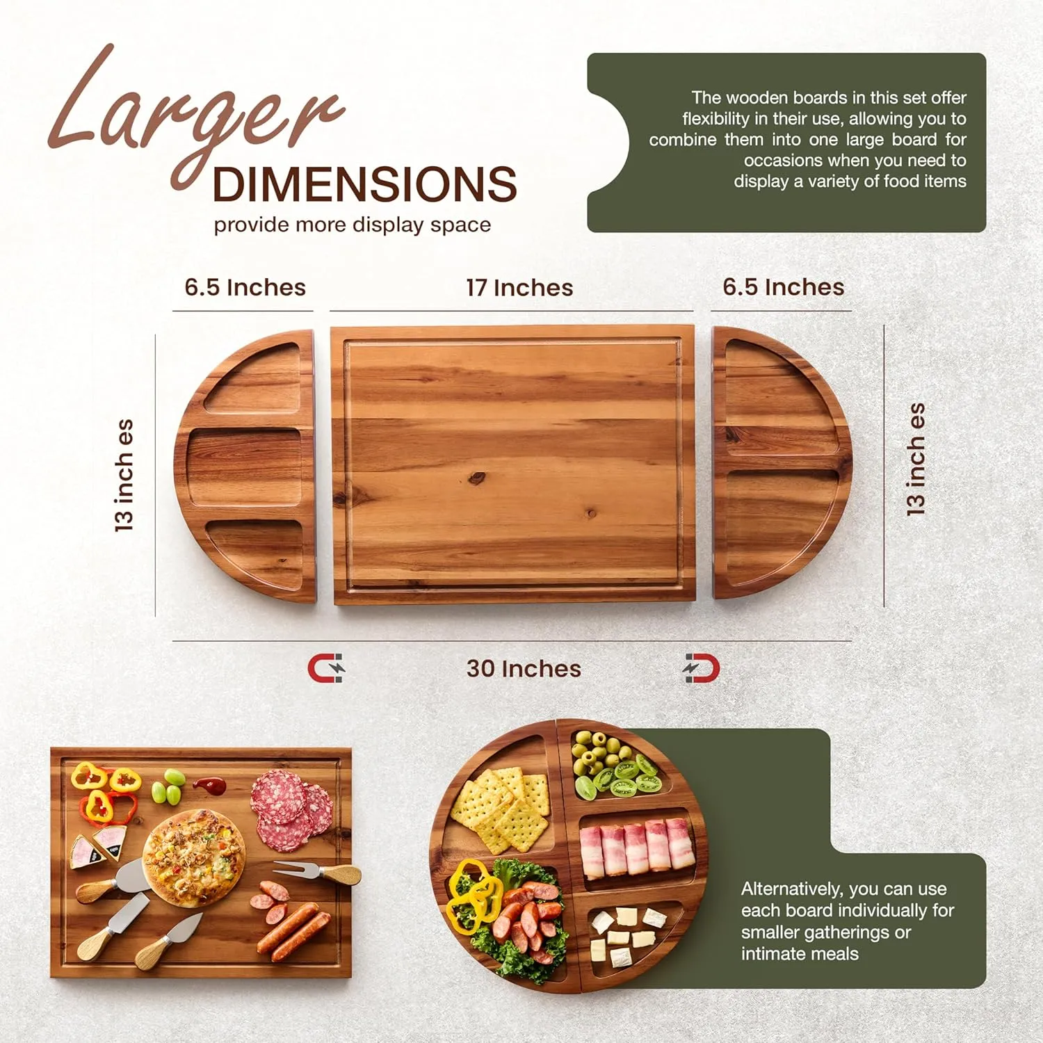 30 inch Large Acacia Wood Charcuterie Board with 4 Knives Set, Magnetic - 3 Parts Wooden Round Tray for Cheese - Long Appetizer Board for Serving Food Platter Cracker Snack