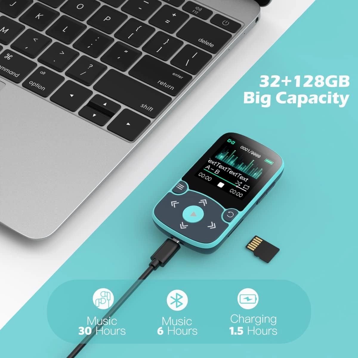 32GB MP3 Player with Clip, AGPTEK Bluetooth 5.0 Lossless Sound with FM Radio, Voice Recorder for Sport Running, Supports up to 128GB TF Card, Blue
