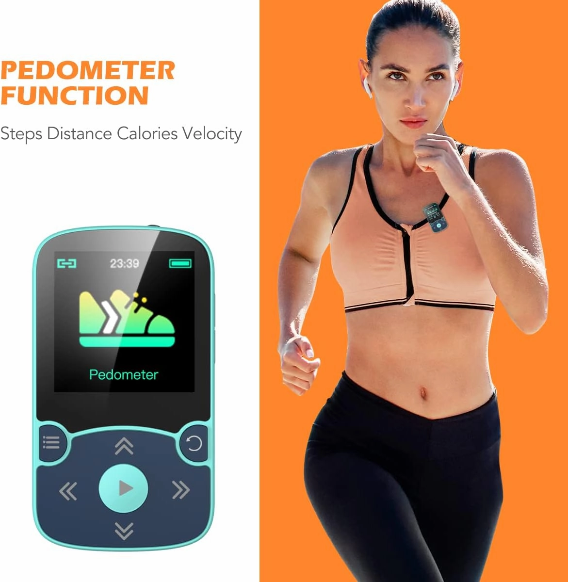 32GB MP3 Player with Clip, AGPTEK Bluetooth 5.0 Lossless Sound with FM Radio, Voice Recorder for Sport Running, Supports up to 128GB TF Card, Blue