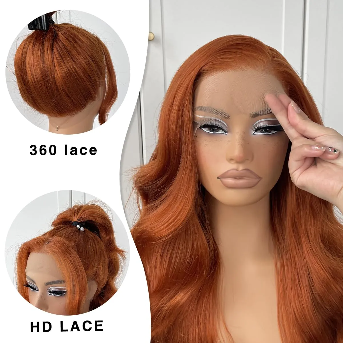 360 Ginger Wig Synthetic Orange HD Lace Front Wig Pre-Plucked Glueless Body Wave 180 Density Lace Front Wig For Women