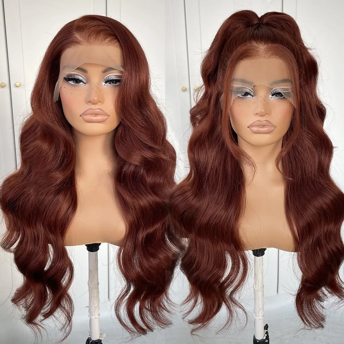360 Glueless Reddish Brown Lace Front Wigs Pre-Plucked Red Brown Body Wave HD Lace Front Wig Synthetic Wear And Go Glueless Wig