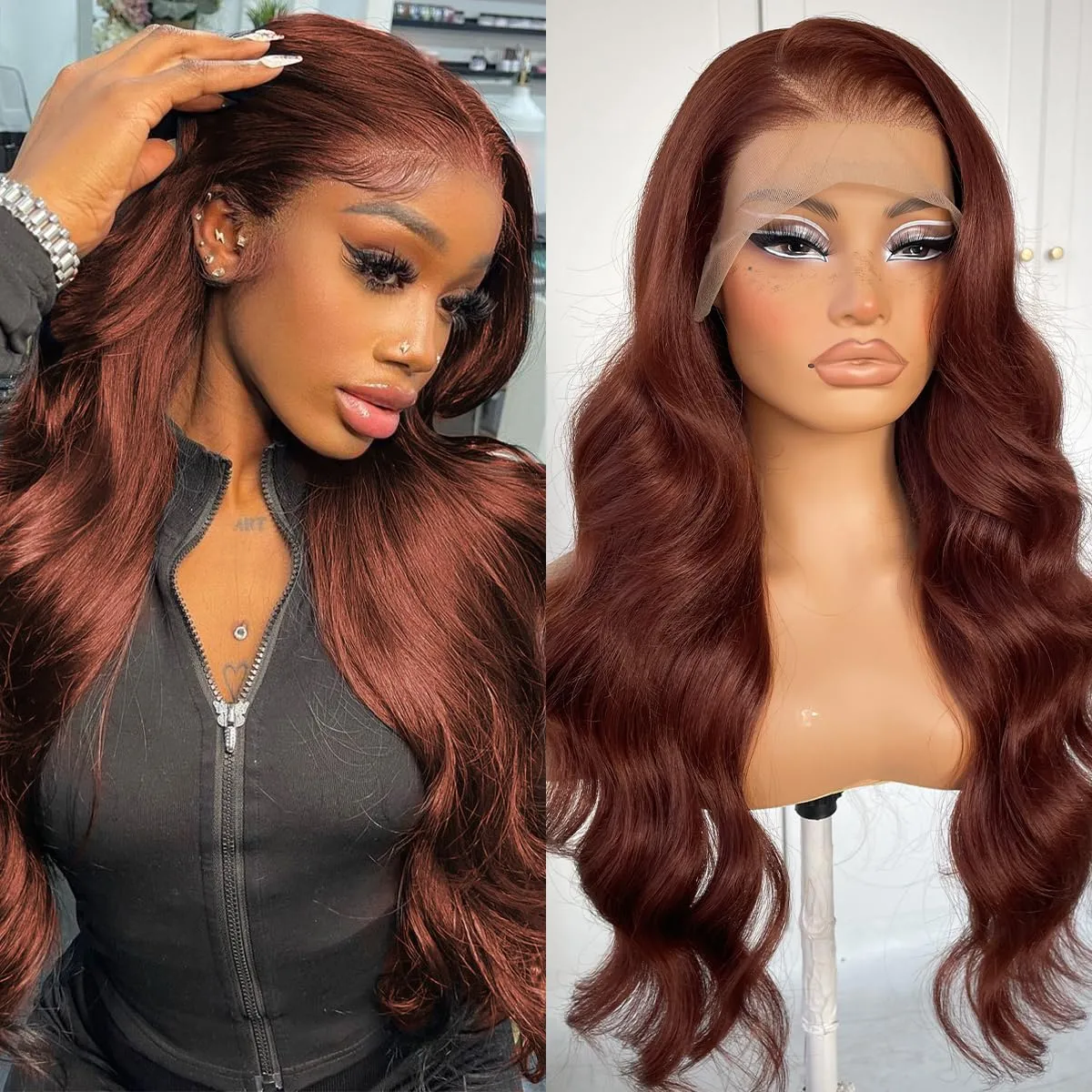 360 Glueless Reddish Brown Lace Front Wigs Pre-Plucked Red Brown Body Wave HD Lace Front Wig Synthetic Wear And Go Glueless Wig