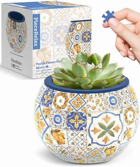 3D Puzzle Planter - Retro Tiles - Small Round Plant Pots with Drainage, Home Decor Flower Pots for Indoor Cactus, Succulents Pots [K1104]