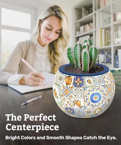 3D Puzzle Planter - Retro Tiles - Small Round Plant Pots with Drainage, Home Decor Flower Pots for Indoor Cactus, Succulents Pots [K1104]