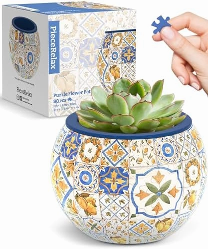 3D Puzzle Planter - Retro Tiles - Small Round Plant Pots with Drainage, Home Decor Flower Pots for Indoor Cactus, Succulents Pots [K1104]