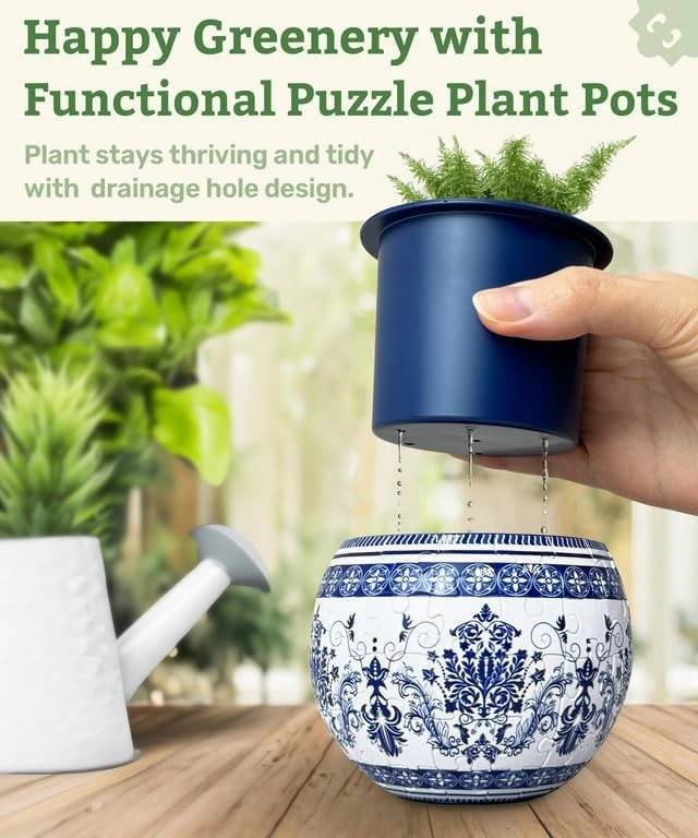 3D Puzzle Planter - Retro Tiles - Small Round Plant Pots with Drainage, Home Decor Flower Pots for Indoor Cactus, Succulents Pots [K1104]