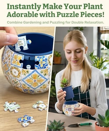 3D Puzzle Planter - Retro Tiles - Small Round Plant Pots with Drainage, Home Decor Flower Pots for Indoor Cactus, Succulents Pots [K1104]