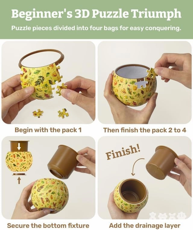 3D Puzzle Planter - Retro Tiles - Small Round Plant Pots with Drainage, Home Decor Flower Pots for Indoor Cactus, Succulents Pots [K1104]