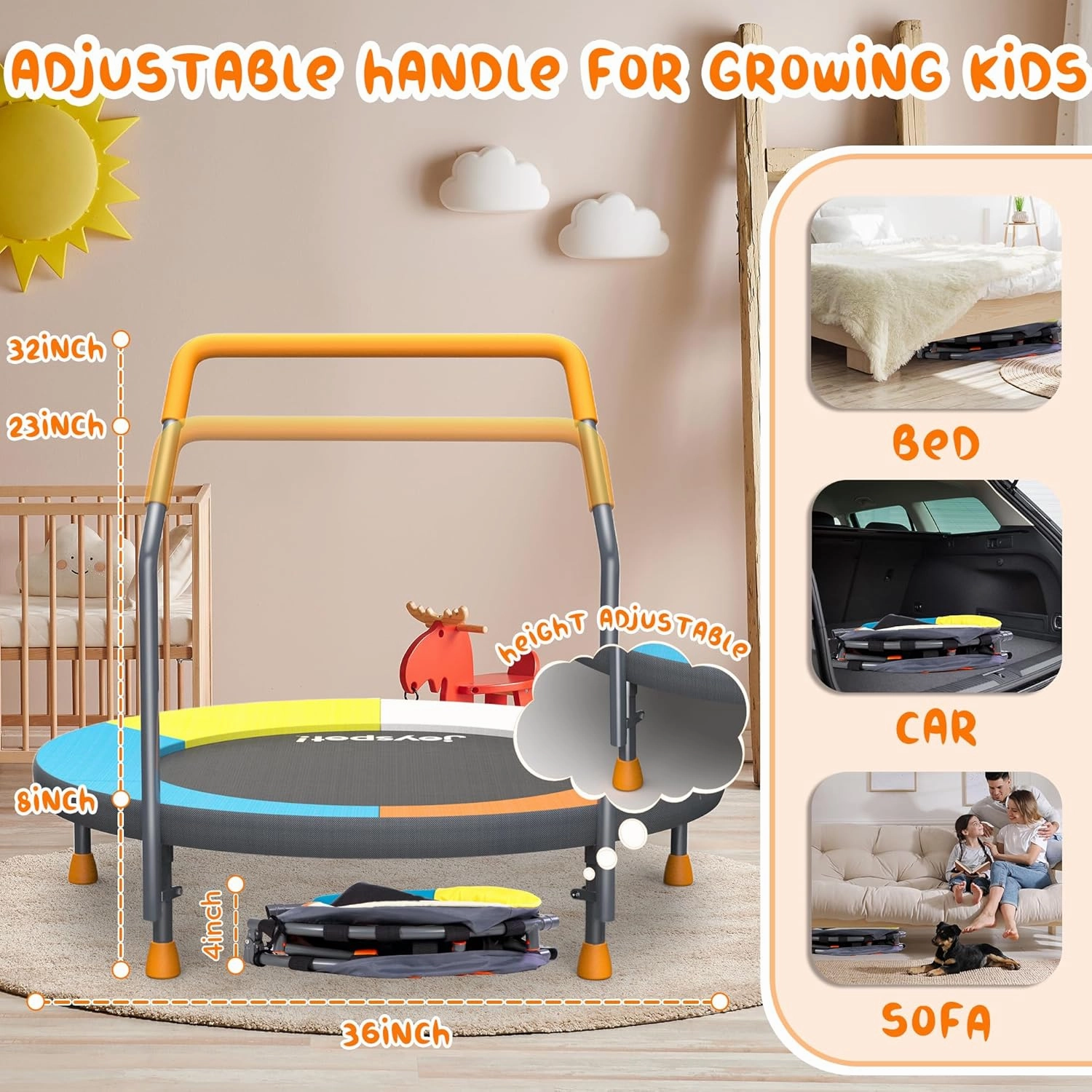 3FT Foldable Trampoline for Kids, 36” Mini Small Trampoline with Handle Bar Indoor Outdoor, Height-Adjustable,Max Load 150LBS,Toddler Baby Jumping Mat,Fitness Recreational Trampoline Garden Workout