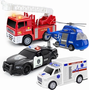 4 Pack Toy Cars- Fire Truck& Ambulance& Helicopter& Play Police Car Toys Set for 2 3 4 5 6 Year Old Boys Toddlers Gift, Emergency Vehicle Toy Playsets with Friction Powered & Lights & Sounds