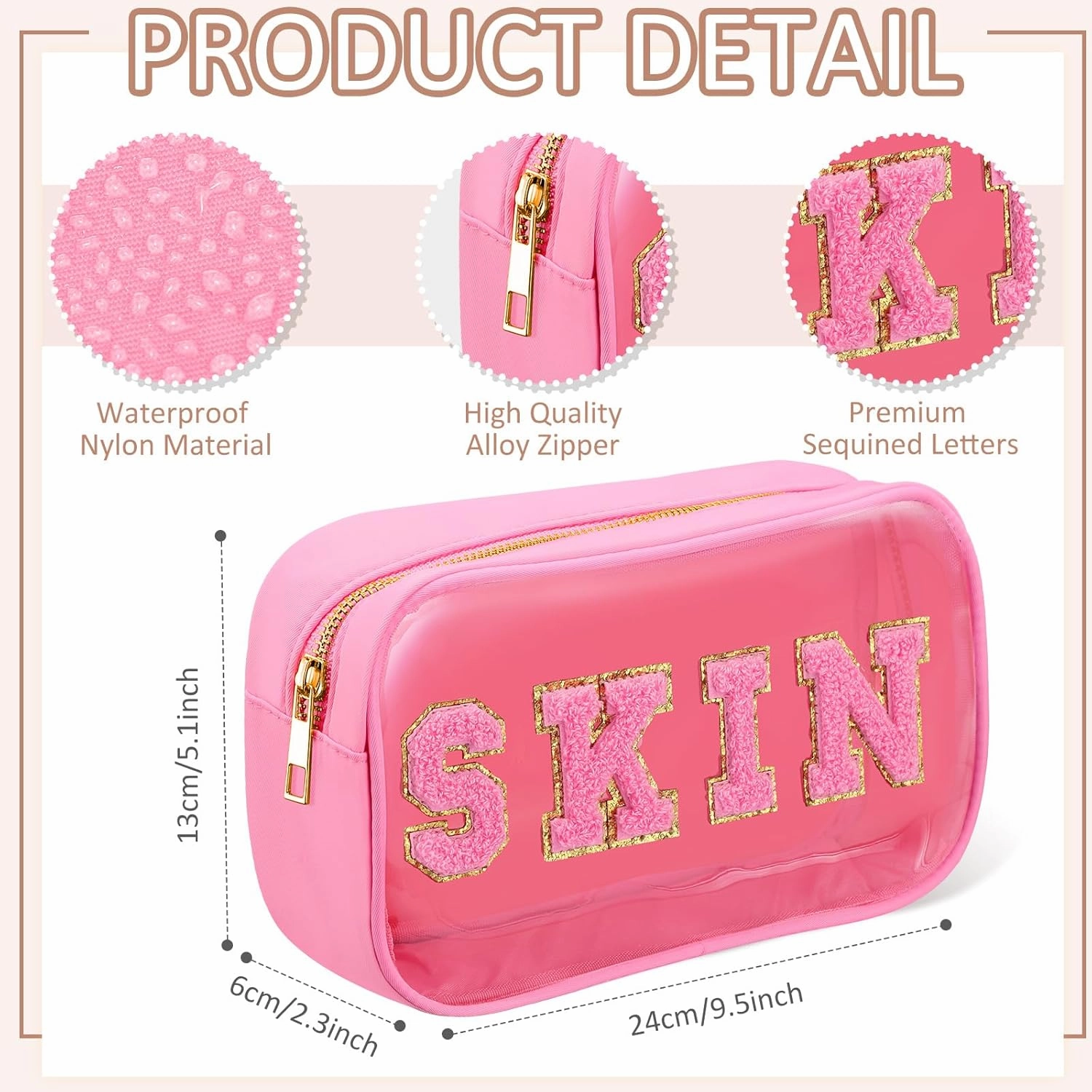 4 Pieces Chenille Letter Cosmetic Bag Set Nylon PVC Clear Waterproof Makeup Pouch Stuff Hair Travel Bag Zipper Multi Purpose Aesthetics Toiletry Organizer for Women Gym Travel Beach (Fresh Colors)
