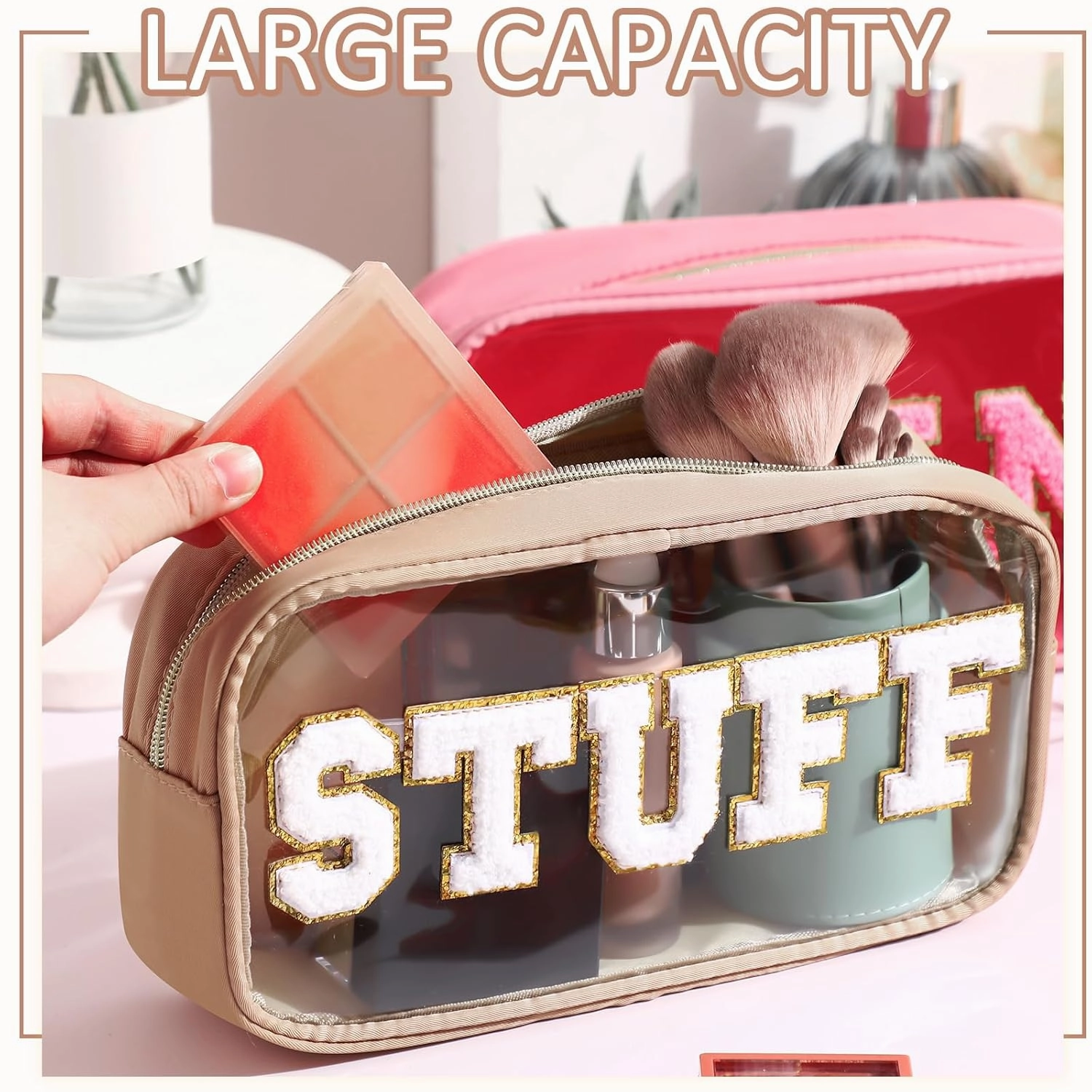 4 Pieces Chenille Letter Cosmetic Bag Set Nylon PVC Clear Waterproof Makeup Pouch Stuff Hair Travel Bag Zipper Multi Purpose Aesthetics Toiletry Organizer for Women Gym Travel Beach (Fresh Colors)