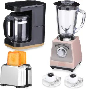 5 Pcs Miniature Dollhouse Kitchen Accessories 1: 12 Scale Dollhouse Accessories Include Mini Coffee Maker Blender Toy Mini Toaster with 2 Slices Toast 2 Coffee Cup for Decoration