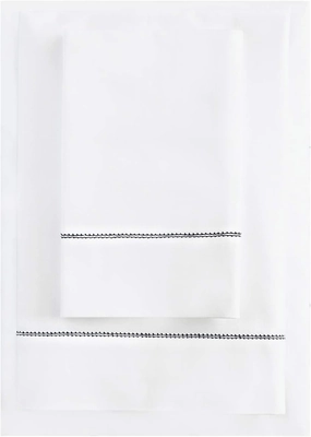 500TC White Cotton Percale Sheet Set with Black Hemstitch Trim Long Staple Italian Luxury - Queen