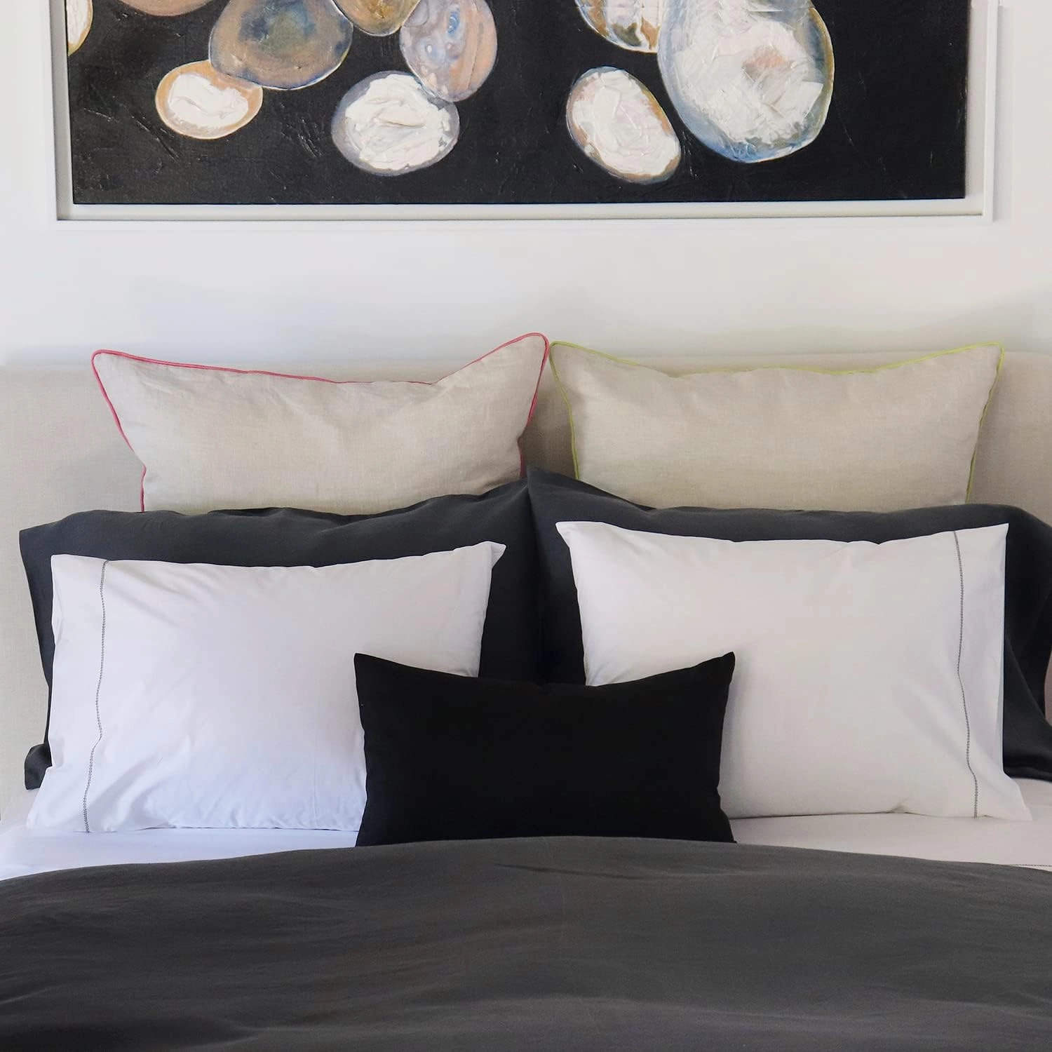 500TC White Cotton Percale Sheet Set with Black Hemstitch Trim Long Staple Italian Luxury - Queen
