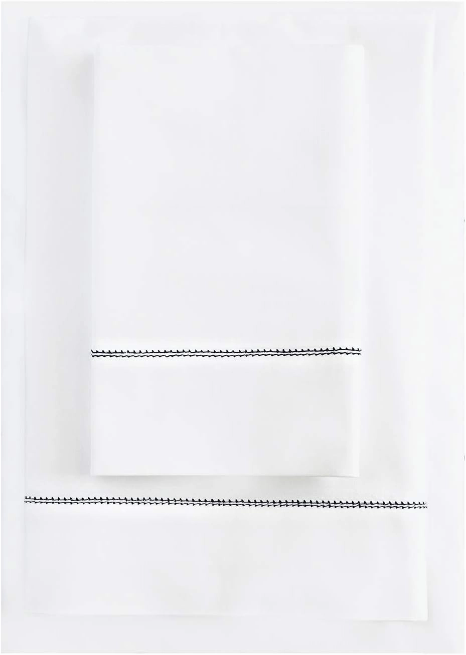 500TC White Cotton Percale Sheet Set with Black Hemstitch Trim Long Staple Italian Luxury - Queen