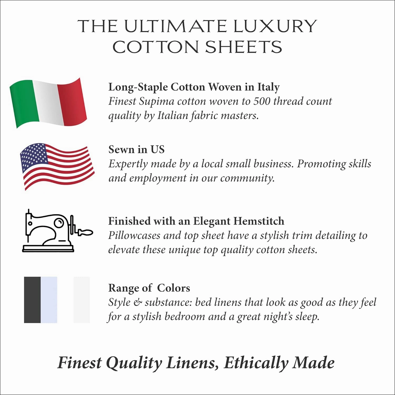 500TC White Cotton Percale Sheet Set with Black Hemstitch Trim Long Staple Italian Luxury - Queen